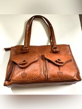 VTG Y2K Whip Stitched Front-Pocket Satchel in Cognac Brown by HYDESTYLE